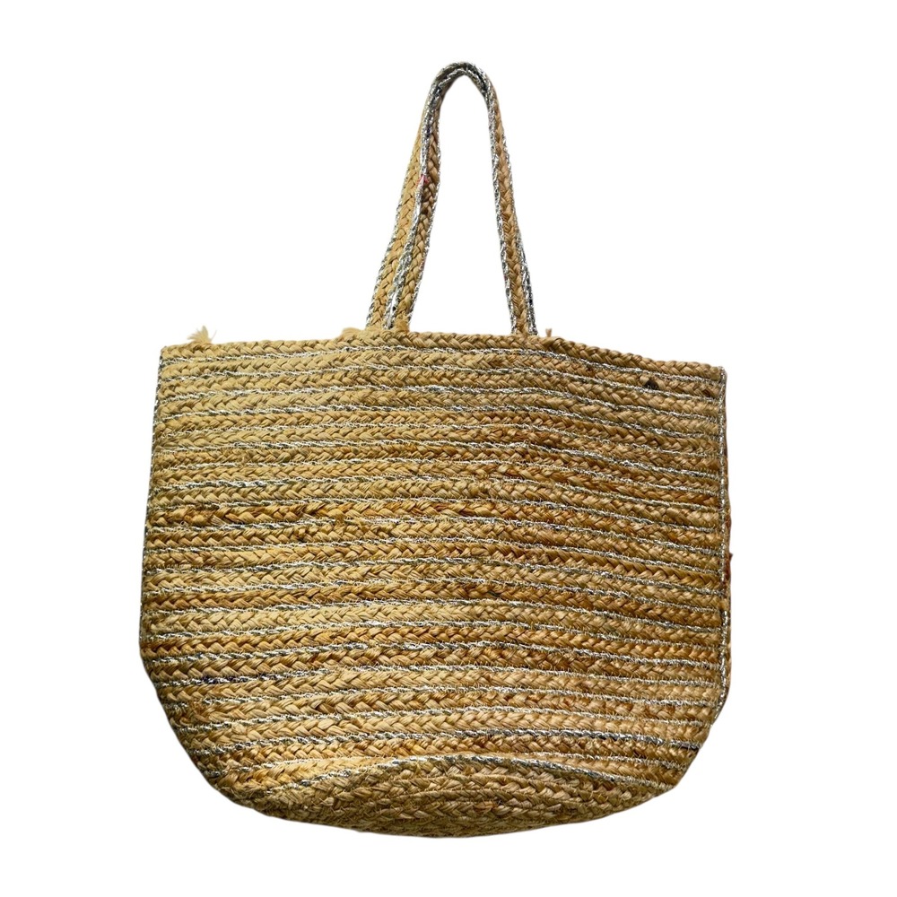 Shiraleah Chicago Woven Jute Silver Metallic Striped Tote Beach Bag Natural Tan